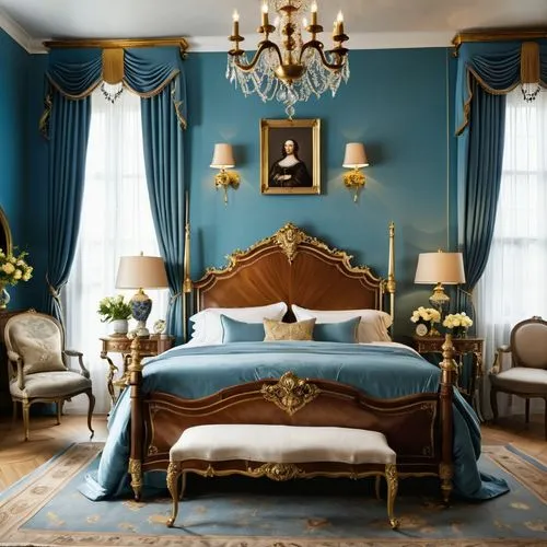 blue room,bedchamber,ornate room,victorian room,chambre,great room,four poster,opulently,malplaquet,opulent,danish room,sumptuous,opulence,guest room,housedress,bedrooms,redecorate,mazarine blue,interior decoration,claridge,Photography,General,Realistic