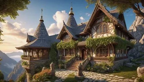 fairy tale castle,rivendell,alpine village,riftwar,mountain settlement,sylvania,elves country,house in the forest,house in the mountains,nargothrond,fairy village,forest house,3d fantasy,fairytale castle,house in mountains,arenanet,dreamhouse,witch's house,fairy house,gondolin,Photography,General,Realistic