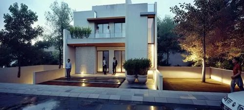 DISEÑO EXTERIOR DE UNA RESIDENCIA  ESTILO MINIMALISTA, CON MUROS CON CANTERA GRIS, EN COMBINACION CON MUROS DE COLOR BLANCO Y GRIS,VENTANAS DE ALUMNIO CON CRSITAL, PLANO CINEMATOGRAFICO, CORRECCION DE