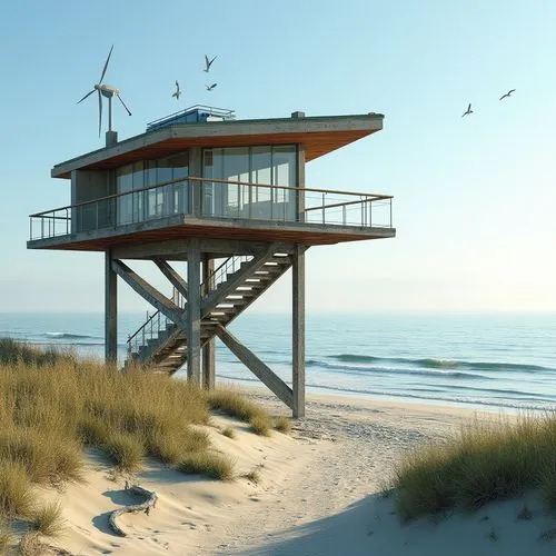 lifeguard tower,beach hut,dunes house,coastal protection,stilt house,beach house,seaside country,lookout tower,westerland,beachhouse,marram,dune ridge,sketchup,watch tower,beachfront,offshore wind park,sylt,watchtowers,zingst,wind finder,Photography,General,Realistic