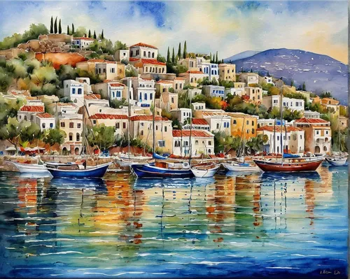 mediterranean,boat landscape,italian painter,oil painting on canvas,portofino,skopelos,sea landscape,fishing village,oil painting,art painting,lipari,hellenic,samos,aegean,aegean sea,greek island,greek islands,lycian,mediterranean sea,coastal landscape,Illustration,Paper based,Paper Based 24