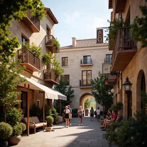 Rustic market square, vintage lanterns, distressed wooden signs, ornate ironwork, curved balconies, flower-filled window boxes, soft warm lighting, warm beige stone walls, terracotta roof tiles, decor