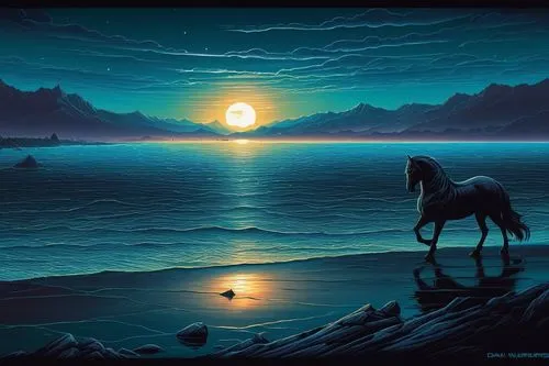 black horse,nighthorse,moonlit night,blue moon,fantasy picture,sea night,siggeir,howling wolf,arabian horse,moonshadow,moonlighted,equine,epona,seascape,white horses,moonlight,fantasy art,unicorn art,night scene,wild horses,Illustration,Realistic Fantasy,Realistic Fantasy 25