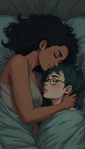 Draw in anime style: Two women are asleep in bed. An extreme close up of a mean-looking Polynesian girl, with good muscle tone and an ebony tan has her arm wrapped around a nerdy, glasses-wearing, hor