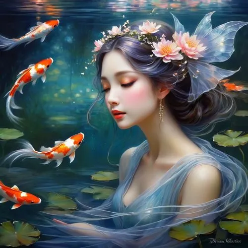 water nymph,koi,water lotus,koi fish,koi pond,sirena,naiad,underwater background,diwata,mermaid background,fairie,water flowers,mermaid vectors,japanese art,water pearls,lotus blossom,faery,jasmine blossom,jianfeng,hoshihananomia,Illustration,Realistic Fantasy,Realistic Fantasy 30