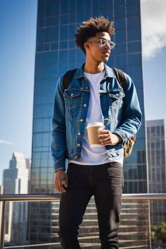 Modern architecture student, internship, Los Angeles, California, 20yo, casual wear, blue denim jacket, white graphic t-shirt, dark jeans, sneakers, backpack, laptop, coffee cup, standing, urban citys