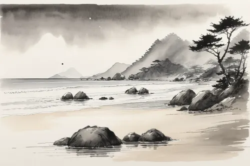 Create a tranquil beach setting using D5 Render.,coastal landscape,beach landscape,sea landscape,landscape with sea,beach scenery,huashan,mountain beach,tusche indian ink,sea-shore,huangshan maofeng,p