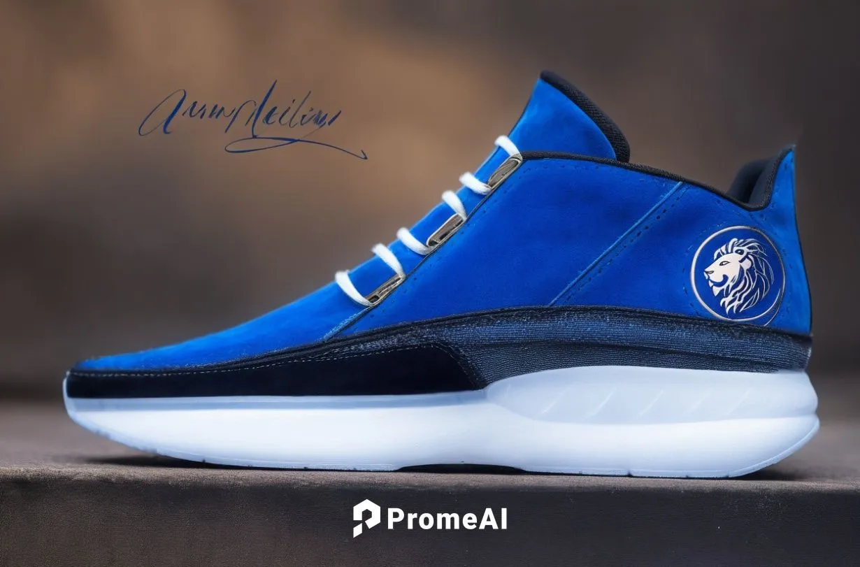 Suede sneaker, Lion head logo on vamp,  clear gel inlay on sole, royal blue with black and white trim color scheme ,Suede sport shoe blue,flints,jays,jordan shoes,mavericks,bluechips,mavs,Illustration