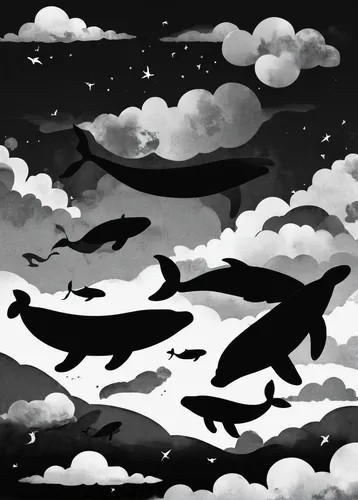 Create a whimsical painting of floating whales in the sky.,pilot whales,whales,dolphin background,dolphins,oceanic dolphins,bottlenose dolphins,sharks,dolphins in water,requiem shark,killer whale,a fl