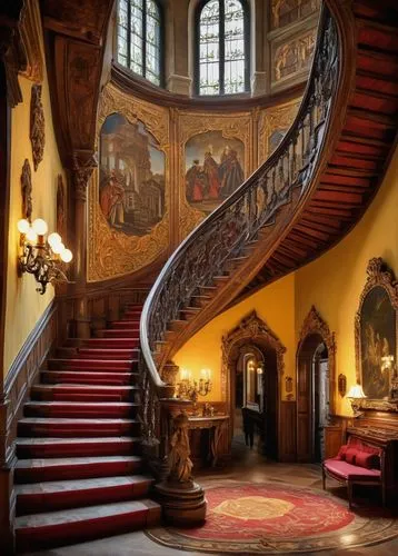 staircase,entrance hall,foyer,royal interior,outside staircase,nyenrode,cliveden,staircases,circular staircase,dunrobin castle,driehaus,moritzburg palace,stairway,villa cortine palace,chateauesque,winding staircase,montelena,moritzburg castle,rijksmonument,entranceway,Art,Classical Oil Painting,Classical Oil Painting 28