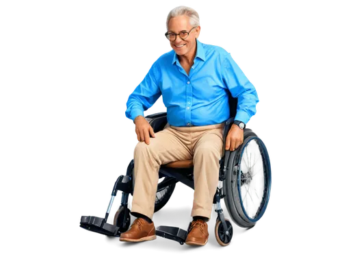 Wheelchair, senior citizen, sitting pose, gentle smile, wrinkles, silver hair, glasses, casual wear, blue shirt, beige pants, brown shoes, wooden armrests, metal frame, soft cushion, 3/4 composition, 