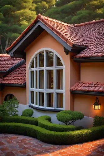 Architectural building, modern villa, luxury mansion, clay tile roof, multi-colored shingles, terracotta red, sienna brown, creamy white, dark grey, overlapping layers, curved slope, dormer windows, o