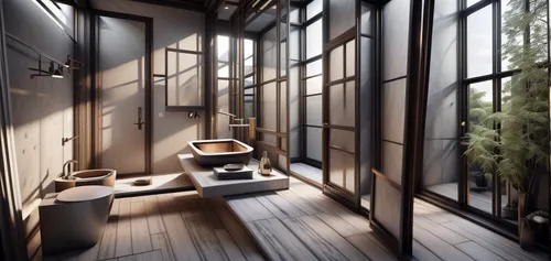 luxury bathroom,japanese-style room,modern minimalist bathroom,wooden sauna,japanese architecture,ryokan,wooden windows,bamboo curtain,sauna,room divider,bamboo plants,interior modern design,bathroom,loft,laundry room,wood window,3d rendering,shower base,tree house hotel,modern room