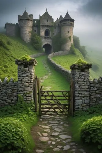 Rustic, ancient, architectural gabion, stone walls, weathered wooden gates, overgrown with vines, moss-covered, crumbling, abandoned, old castle, medieval, European, rolling hills, green pastures, mis