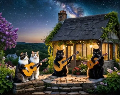 
three Persian cats in formal suits play guitars on the roof of a building on a starry night,three cats playing the guitar while standing in a rock garden,serenata,troubadors,serenades,troubadours,ser