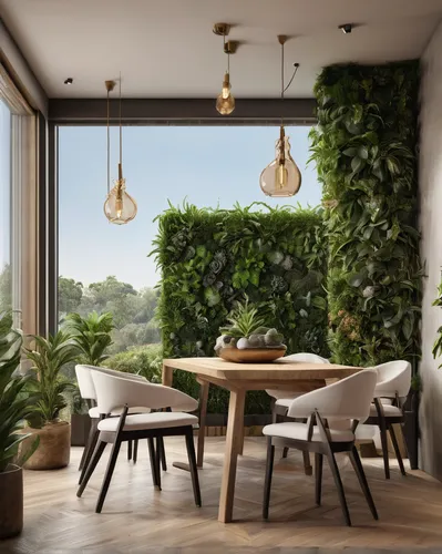 Salón comedor concepto abierto  con decoración de plantas,garden design sydney,landscape design sydney,landscape designers sydney,hanging plants,green living,intensely green hornbeam wallpaper,balcony