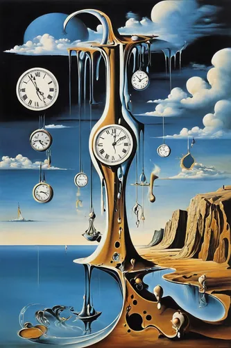 Create a surreal artwork inspired by Dali's melting clocks.,clocks,clockmaker,four o'clocks,clock,time pointing,clock face,dali,sand clock,flow of time,world clock,time pressure,clock hands,sand timer