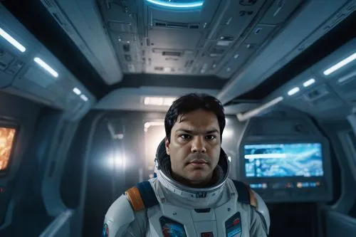 Inside A spaceship,the star trek's commander stands in a space suit,bashirov,kaidan,shepard,mahendra singh dhoni,valerian,msd