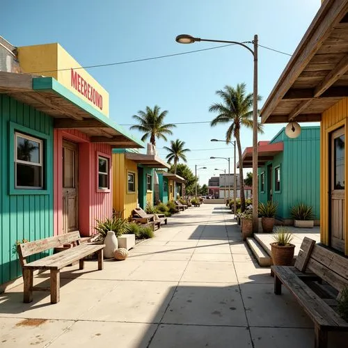 \Vibrant beachside tram stations, ocean-inspired color scheme, calming turquoise hues, warm sandy neutrals, coral pink accents, seafoam green highlights, weathered wooden textures, rusty metal details