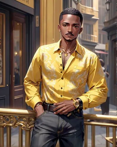 dark-skinned man with a short mustache and very short hair wearing a yellow button-down shirt and black jeans. The man wears gold bracelets and necklaces, his belt is also gold.

,black businessman,af