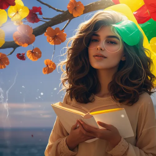 world digital painting,girl with speech bubble,girl studying,photo manipulation,digital compositing,girl in flowers,color picker,sci fiction illustration,photoshop manipulation,cg artwork,beautiful gi