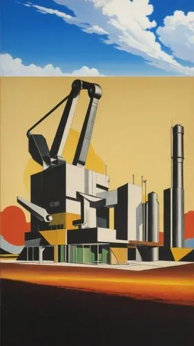 a painting of industrial machinery against a yellow background,sheeler,seidler,feitelson,hejduk,industrial landscape,nevelson,corbu,industrialism,concrete plant,constructivism,bluemner,bauhaus,sillman