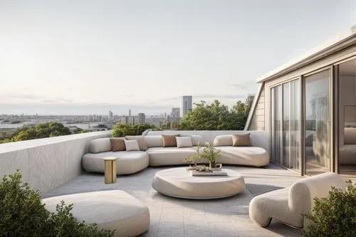 The image depicts a modern outdoor living space with a contemporary design, featuring a series of white cushioned lounge chairs and ottomans arranged around a large round marble table, set against a b