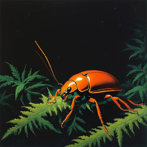 Compose a poem capturing the beauty of a fire beetle's glowing light in a mystical forest.,forest beetle,soldier beetle,earwig,fire beetle,red bugs,brush beetle,arthropod,halictidae,earwigs,leaf beetl