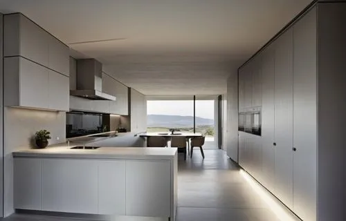 make the fridge gray keep the colours of trhe kitchen similar, clean minimalslitic brutalist design, make sure floor tiles are dark grey

,an empty kitchen and dining room, with lights on the counter,