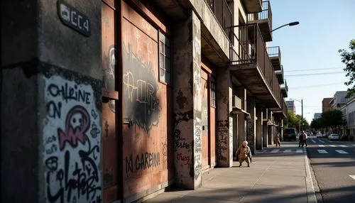 Rugged, industrial-style facade, distressed concrete walls, exposed steel beams, metallic accents, graffiti-covered surfaces, urban cityscape, busy streets, afternoon sunlight, dramatic shadows, high-