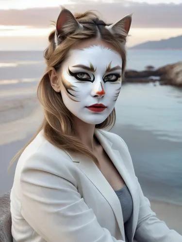 woman with cat face paint on sitting by the ocean,woman wearing cat makeup on the beach,grizabella,feline look,jellicle,pussycat,miqati,suara,Photography,Black and white photography,Black and White Ph