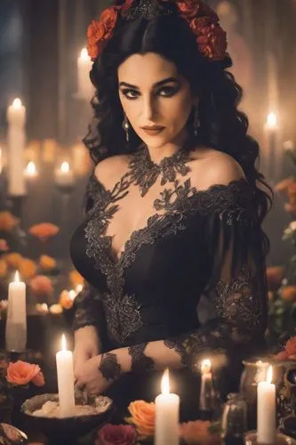  Mexican woman, black dress suit, Flowers in the hair, bones, ghost and deads, villain and femme fatale vibes, from Mexico, curvy body. Día de los Muertos in Mexico, Catrina make-up, how the movie Coc