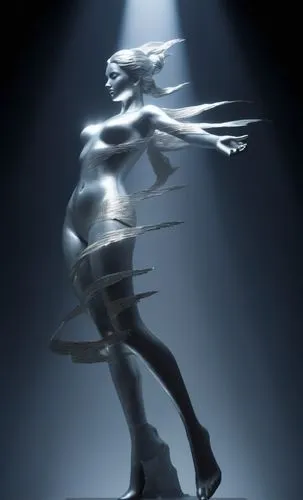 эпично огромная серебряная статуя девушки которая растворяется,silver surfer,3d figure,metal figure,silico,varekai,biomechanical,steel sculpture,transhuman,3d man,argost,humanoid,gynoid,softimage,figu