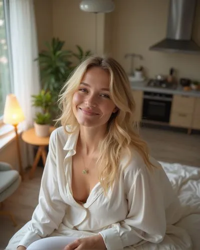 Photo of a beautiful Austrian blonde, 31, waking in a light bed, morning light, shot from high above, but close up on her face, vertically aligned, silk, she is waking smiling lightly, anticipating so