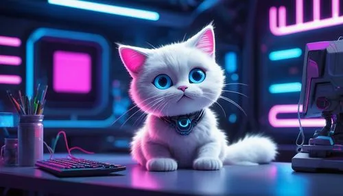 cartoon cat, AI generated character, white fur, blue eyes, cute whiskers, pink nose, fluffy ears, sitting posture, paws together, futuristic laboratory background, neon lights, wires, robots, computer