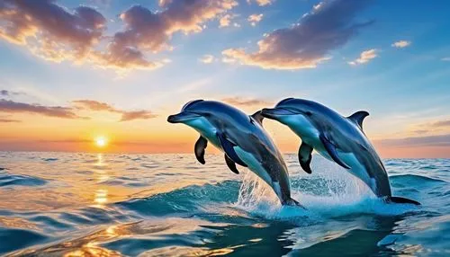 Dolphins, ambient light, beautiful and crystal clear seabed, beautiful sunset, realistic style – cinematic and realistic, photography.,dolphins in water,two dolphins,common dolphins,oceanic dolphins,b