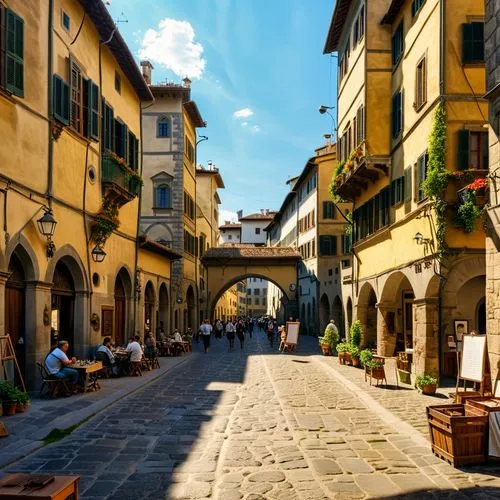 an alley with lots of people walking around,arezzo,pienza,bergamo,quirico,perugia,saluzzo,cortona,asolo,montefalco,sansepolcro,anghiari,sorano,savigliano,volterra,fossano,assisi,urgello,medieval stree