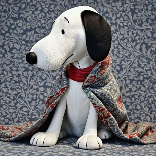 Snoopy sitting wrapped in a William Morris blanket with just his head showing on a grey background,smooth fox terrier,tibet terrier,parson russell terrier,fox terrier,chilean fox terrier,bull terrier 