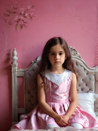 The picture shows a young girl in a pink dress. She is sitting on a bed in a room that is also decorated in pink. The background shows a pink wall and the bed is decorated with white bed linen and pin