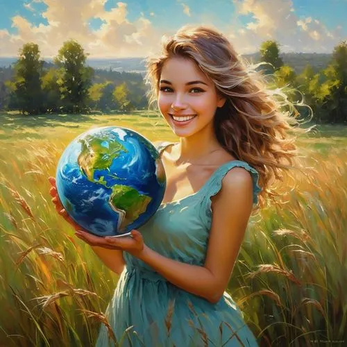 Beautiful girl holding planet earth in her hands and smiling around a field of grass,mother earth,love earth,loveourplanet,world digital painting,embrace the world,oil painting on canvas,globe,earth,o