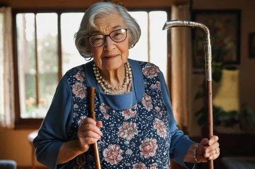 Grandma AI, old lady, kind face, wrinkles, silver hair, glasses, gentle smile, apron, floral pattern dress, pearls necklace, holding a walking stick, standing in front of a cozy living room, warm ligh