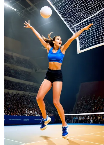 Indoor sports scene, volley ball, flying through air, athletes in action, jumping, spiking, blocking, sweaty faces, determined expressions, sporty hairstyles, athletic wear, shorts, tank tops, knee pa