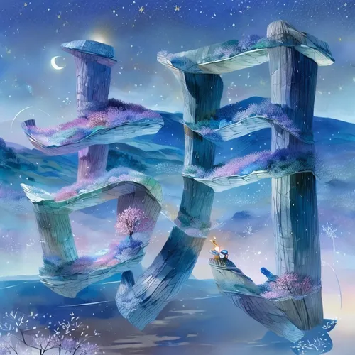 fairy chimney,ice castle,background with stones,ice landscape,cube sea,fantasy landscape,crystalline,cube background,stone towers,world digital painting,3d fantasy,megalith,megaliths,astral traveler,megalithic,ruins,neo-stone age,chasm,stone blocks,fantasy picture