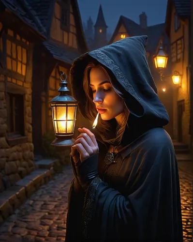 candlemaker,fantasy picture,sorceress,mystical portrait of a girl,woman praying,praying woman,fantasy art,the witch,woman with ice-cream,fortune teller,fantasy portrait,candlelight,cloak,medieval street,woman drinking coffee,light of night,woman holding pie,fairy tale character,fortune telling,apothecary,Illustration,Realistic Fantasy,Realistic Fantasy 32