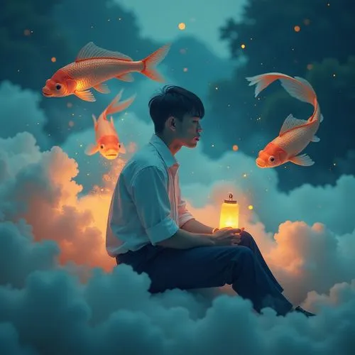 a dreamy asian matured student being surrounded by smoke that look like lantern-fishes, the guy is sitting in an unknown place, wear white-navy school uniform, between clouds. the fishes transform int