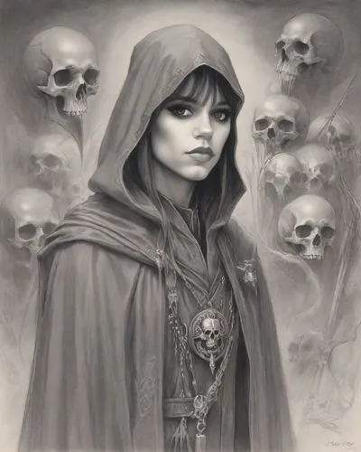 gothic portrait,raistlin,sorceresses,crone,seregil,skull bones,Digital Art,Pencil Sketch