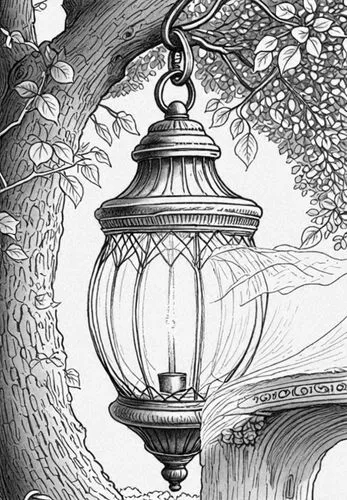 drawing of an illuminated lamp in a tree,oriental lantern,hanging lantern,gas lamp,piranesi,illuminated lantern,oil lamp,Design Sketch,Design Sketch,Detailed Outline