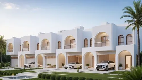 a row of white houses next to a pool with cars parked in front of them,baladiyat,saadiyat,fresnaye,residencial,khaimah,holiday villa,townhomes,durra,mubadala,damac,luxury property,humaid,ajman,nakheel