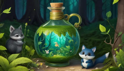 potions,fairy house,fairy forest,forest glade,terrarium,fairy lanterns,enchanted forest,poison bottle,bluebell,woodland animals,potion,fireflies,undergrowth,glade,fairytale forest,in the forest,elven forest,the bottle,wishing well,woodland,Illustration,Abstract Fantasy,Abstract Fantasy 03