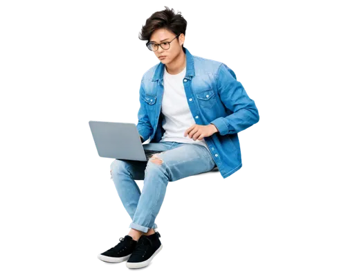 Graphic designer, young adult, male, messy hair, black framed glasses, casual wear, denim jacket, white T-shirt, ripped jeans, sneakers, sitting, laptop, dual monitor, desk, papers scattered, coffee c